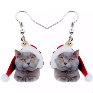 Gray Cat Christmas Earrings Santa Russian Blue